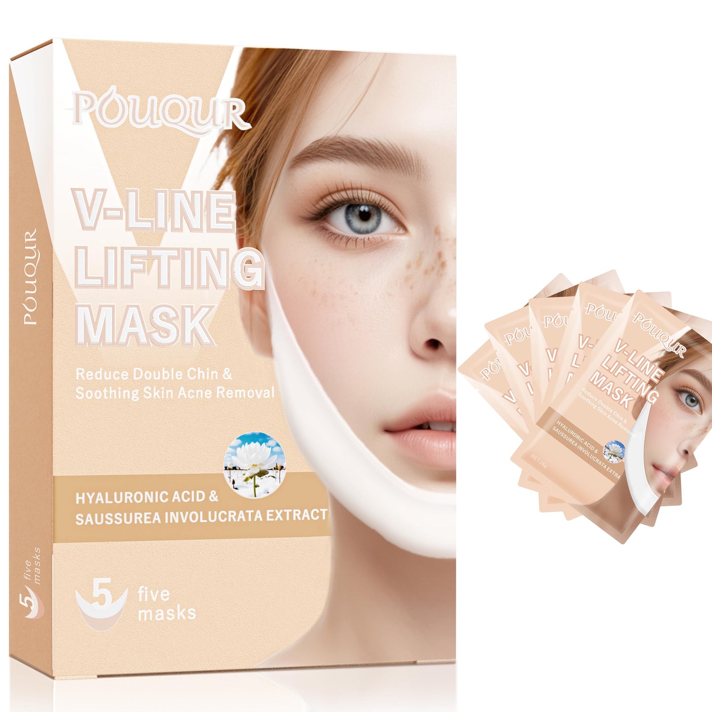 POUQUR 5PCS V Line Lifting Mask Double Chin Reducer Chin Mask Strap for WomenFace Slimmer | Nicotinamide Collagen Hydrogel Face Tape With Saussurea & Aloe Vera.Pigment-free & Paraben Free.